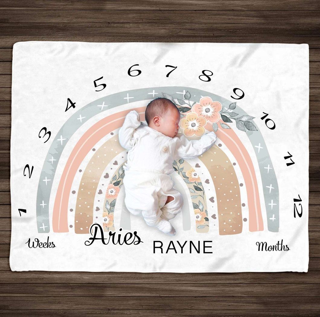 Rainbow Milestone Personalized Blanket, Girl Boho Milestone Blanket for Baby, Monthly Baby Age Blanket