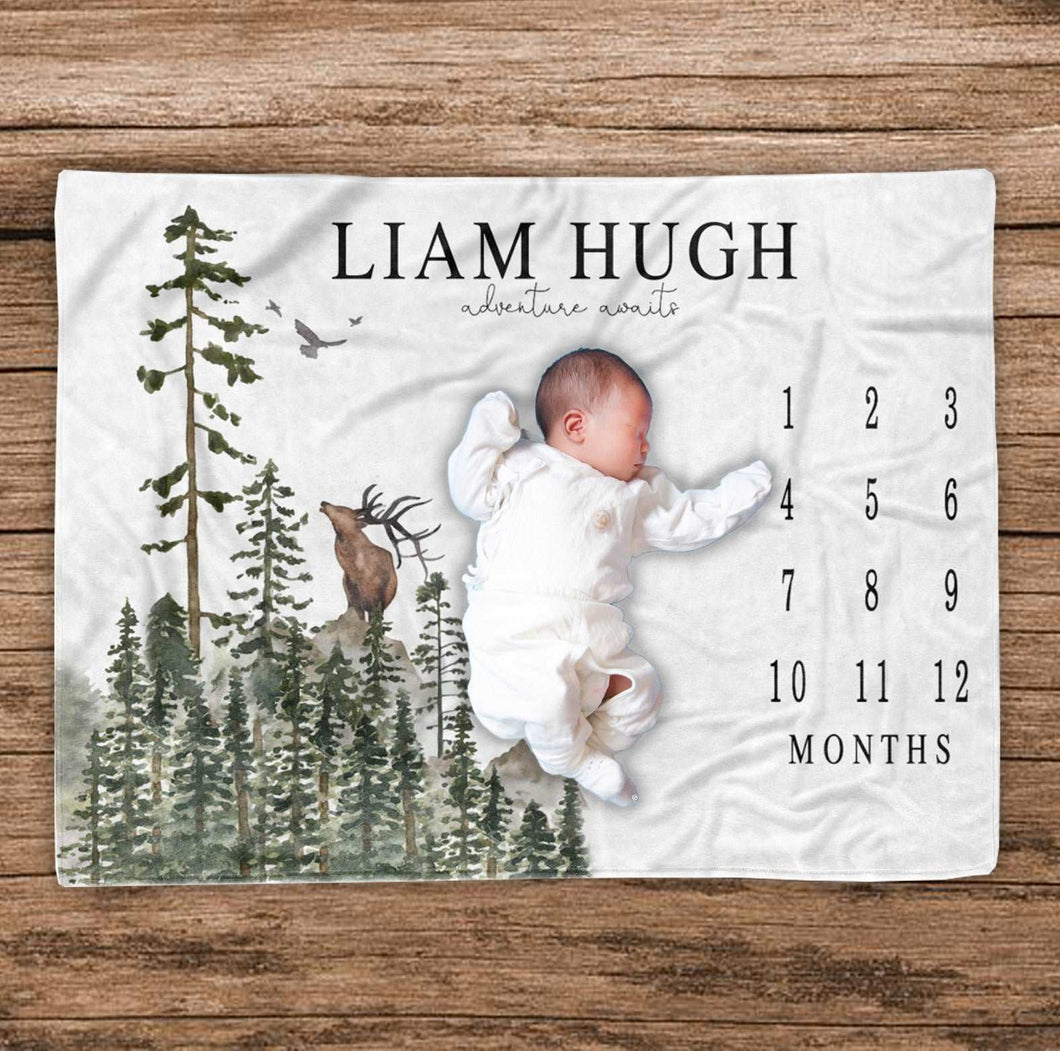 Baby Shower Gift, New Baby Gift, Woodland Milestone Blanket, Monthly Growth Tracker, Personalized Baby Blanket