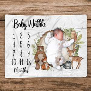 Woodland Milestone Blanket, Monthly Growth Tracker, Personalized Baby Blanket, Baby Shower Gift, New Baby Gift