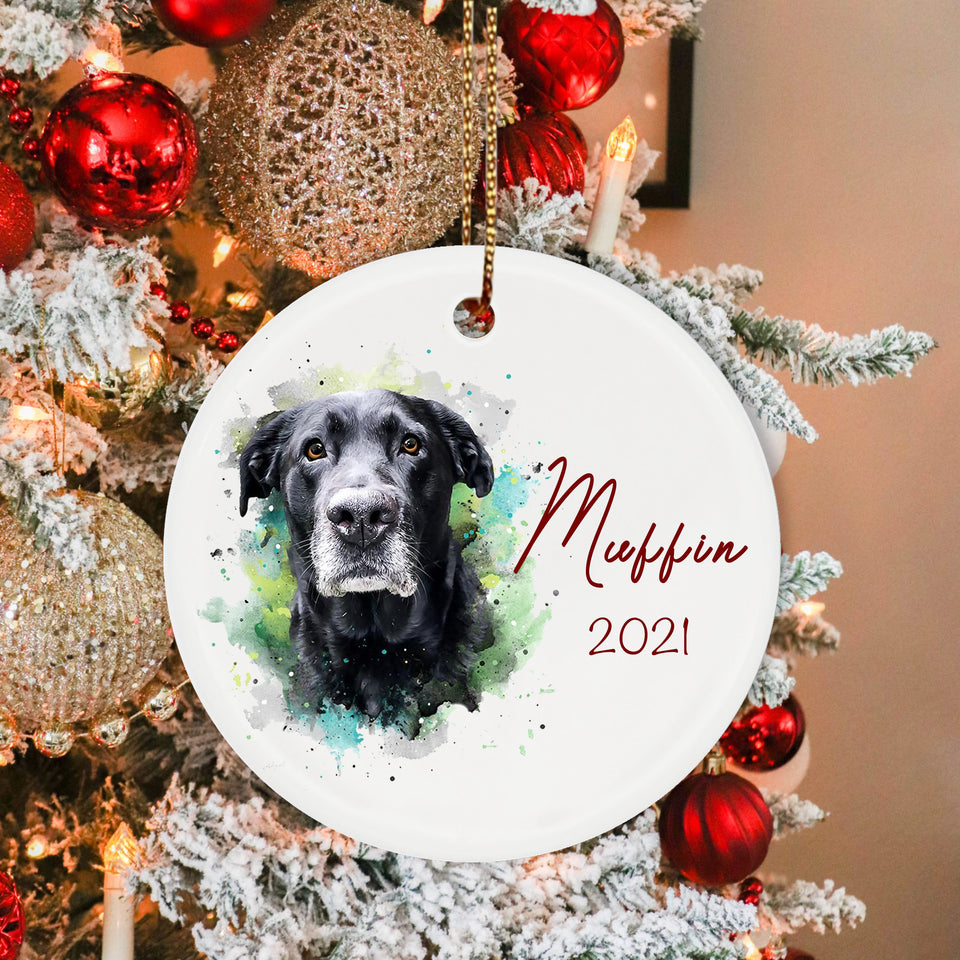 Personalized Photo Dog Watercolor Circle Ornament, Gifts For Dog Lovers, Dog Christmas Ornament