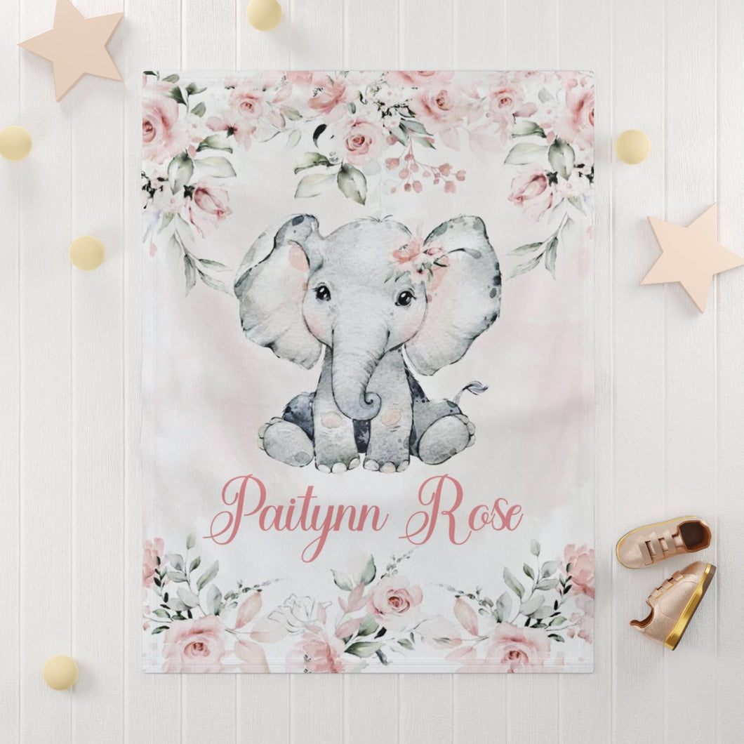 Elephant Baby Girl Baby Blanket, Personalized Baby Blanket Gift, Blush Pink Floral Roses Personalized Blanket, Baby Shower Gift