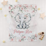 Elephant Baby Girl Baby Blanket, Personalized Baby Blanket Gift, Blush Pink Floral Roses Personalized Blanket, Baby Shower Gift