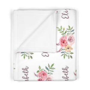 Personalized Baby Girl Custom Name Blanket, Baby Girl Watercolor Floral Baby Blanket