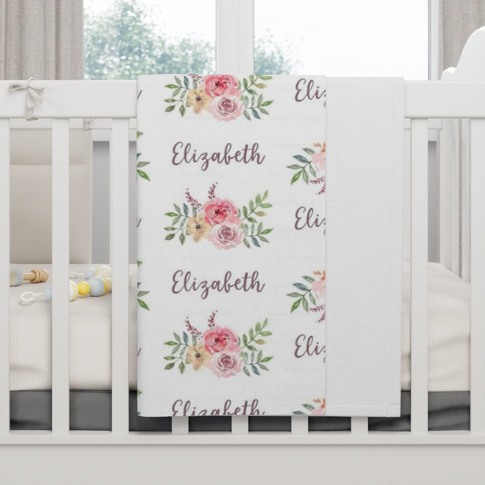 Personalized Baby Girl Custom Name Blanket, Baby Girl Watercolor Floral Baby Blanket
