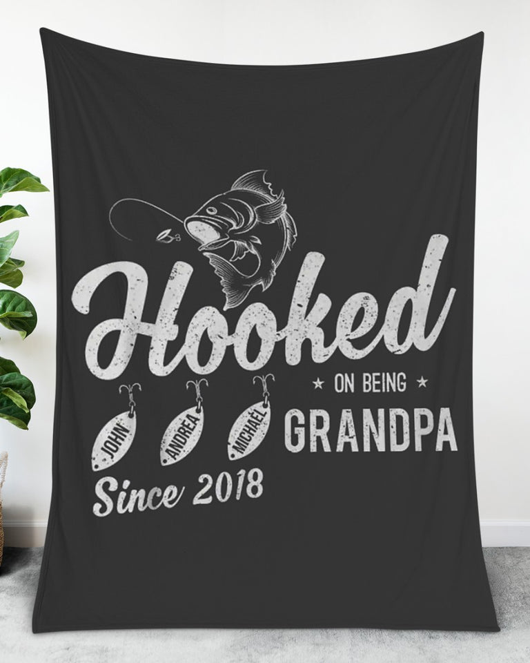 Fishing Grandpa Gift, Fisherman Gift, Papa Gift, Personalized Hooked On Being Grandpa Fleece/Sherpa Blanket
