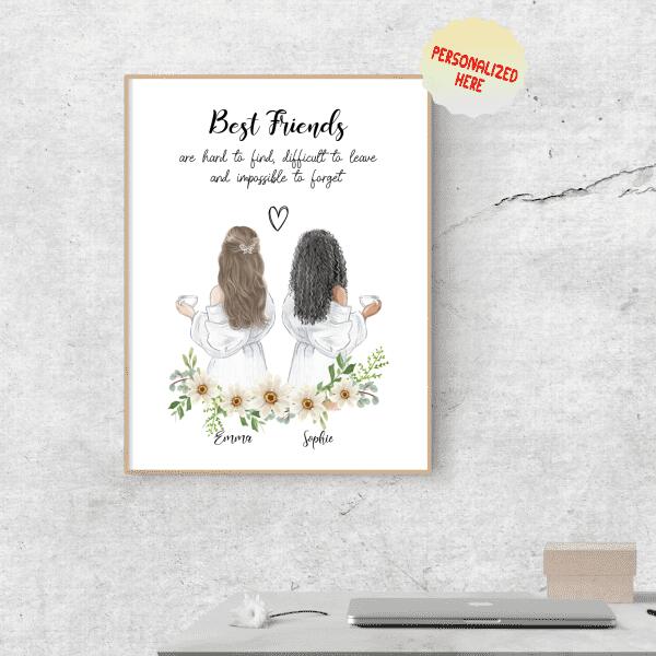 Long Distance Personalized Name Best Friends Portrait, Birthday Gifts for Her, Besties Gifts