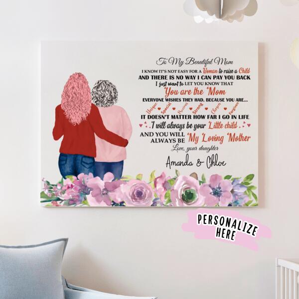 Personalized To my Beautiful Mom Wall Art, Gift For Mom, Mother's Day, Mom and Daughter Gift, Family Gift