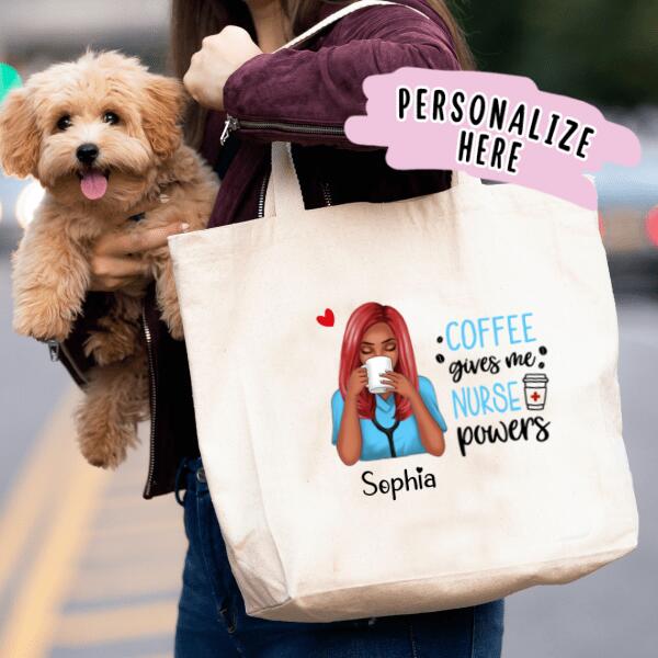 Coffee Gives Me Nurse Power Personalized Tote Bag, Nurse Tote Bag, Nurse Gifts, Gifts For Nursing