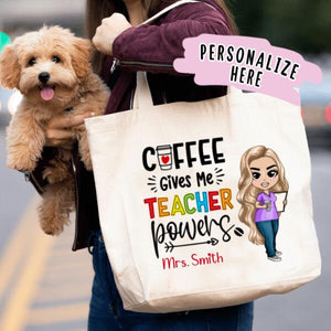 Personalized Coffee Give Me Teacher Power Tote Bag, Teacher Gift, Teacher Tote Bag, Back To School Gift