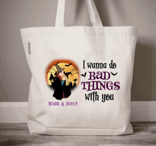 Personalized Couple Love Story Halloween Premium Tote Bag, Gift For Her, Gift For Him I Wanna Do Bad Things With You
