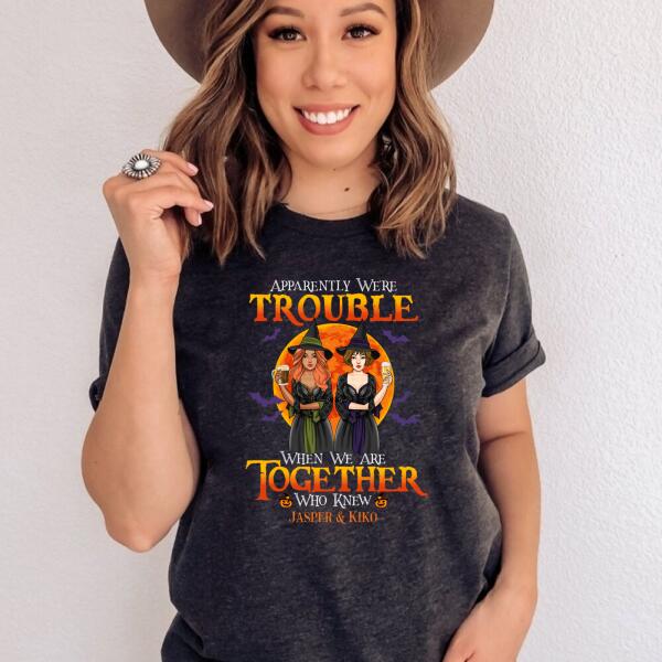 Personalized Halloween Witch Friends Sister Trouble Premium Shirt, Gift For Sister Friend