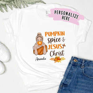 Personalized Pumkin Spice and Jesus Christ Shirt, Thankful, Blessed, Thanksgiving T-Shirt, Christian Shirt