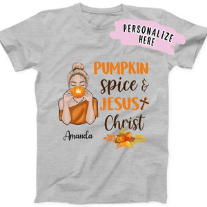 Personalized Pumkin Spice and Jesus Christ Shirt, Thankful, Blessed, Thanksgiving T-Shirt, Christian Shirt