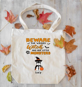 Personalized Dog Witch Halloween Premium Tote Bag, Gift For Dog Lovers, Halloween Gift, Gift For Mom, Gift For Her