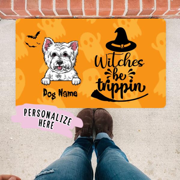 Personalized Halloween Dog Premium Doormat, Witches be Trippin Funny Halloween Door Mat, Gift For Dog Lover Halloween, Housewarming Halloween Gift