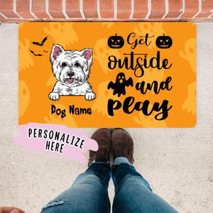Personalized Halloween Dog Premium Doormat, Get Outside and Play Funny Halloween Gift Mat, Gift For Dog Lover Halloween, Housewarming Halloween Gift