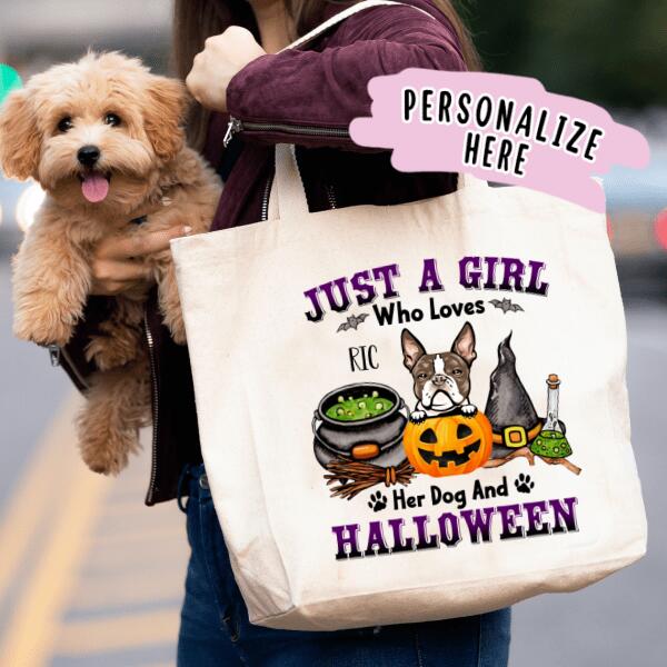 Personalized Just a Girl who loves Her Dog & Halloween Tote Bag, Gift For Dog Lovers