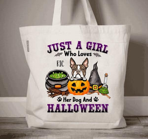 Personalized Just a Girl who loves Her Dog & Halloween Tote Bag, Gift For Dog Lovers