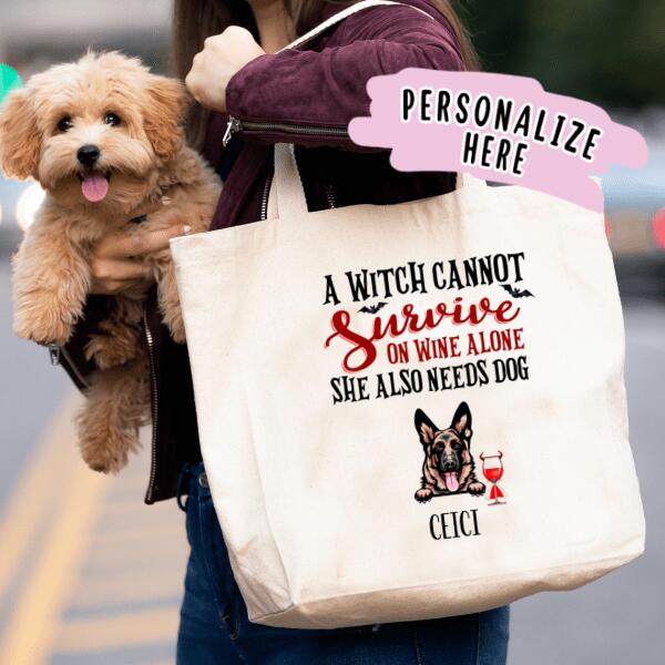 Personalized Witch Dog Halloween Premium Tote Bag, Gift For Dog Lovers Up to 3 Dogs Custom