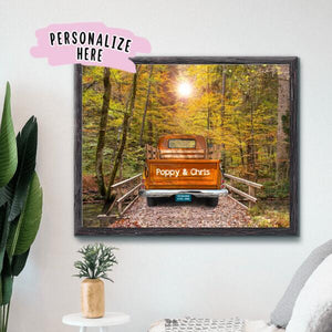 Personalized Truck Autumn Fall Forest Premium Poster Print, Couple Poster , Personalized Couple Truck Art Print