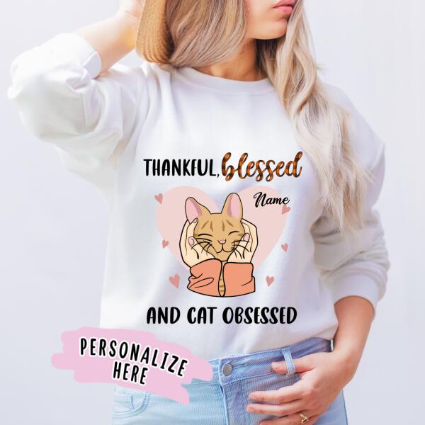 Personalized Girl Cat Obsessed Fall Thanksgiving Sweatshirt, Gift For Cat Lovers
