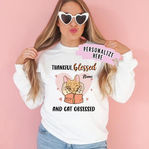 Personalized Girl Cat Obsessed Fall Thanksgiving Sweatshirt, Gift For Cat Lovers