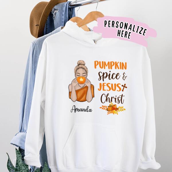 Personalized Pumkin Spice and Jesus Christ Hoodie, Thankful, Blessed, Thanksgiving Hoodie, Christian Hoodie