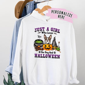 Personalized Just a Girl who Loves her Dog & Halloween Hoodie, Halloween Dog Mom Gift Hoodie