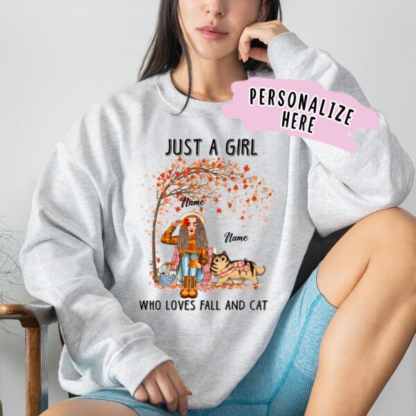 Personalized Girl Who Loves Fall And Cat Sweatshirt, Gift For Cat Lovers