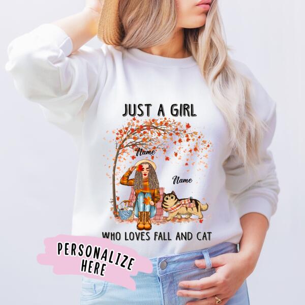Personalized Girl Who Loves Fall And Cat Sweatshirt, Gift For Cat Lovers