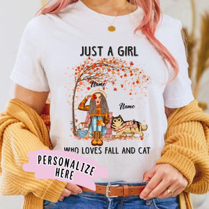 Personalized Girl Who Loves Fall And Cat Premium Shirt, Gift For Cat Lovers