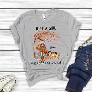 Personalized Girl Who Loves Fall And Cat Premium Shirt, Gift For Cat Lovers