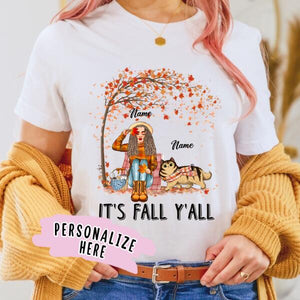 Personalized It's Fall Girl And Cat Premium Shirt, Gift For Cat Lovers