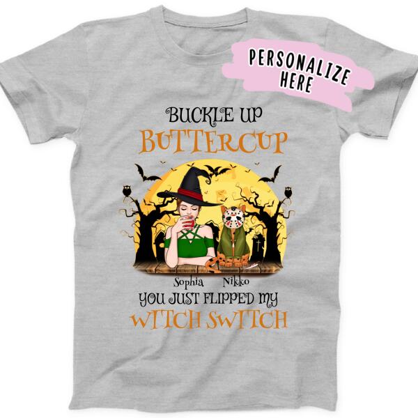 Personalized Halloween Buckle Up Witch and Cat Premium Shirt