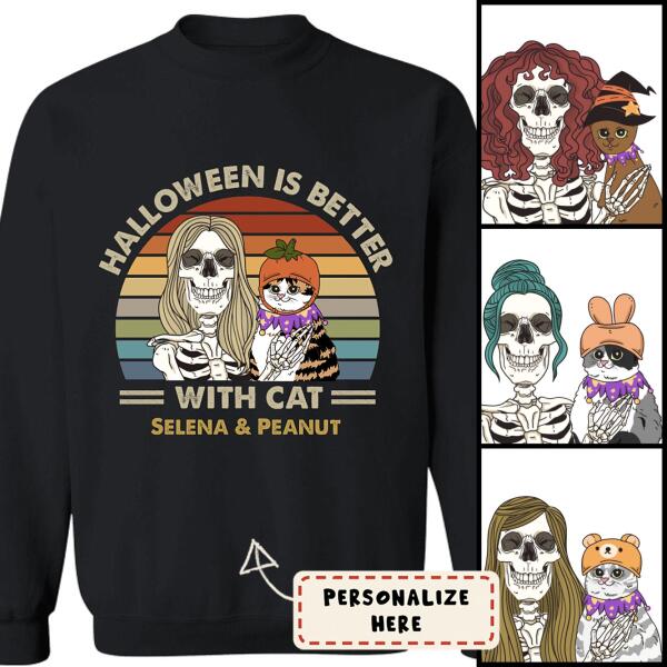 Personalized Girl And Cat Halloween Is Better With Cat Sweatshirt