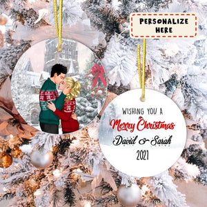 Personalized Kissing Couple Winter Landscape Ceramic Ornament, Christmas Gift