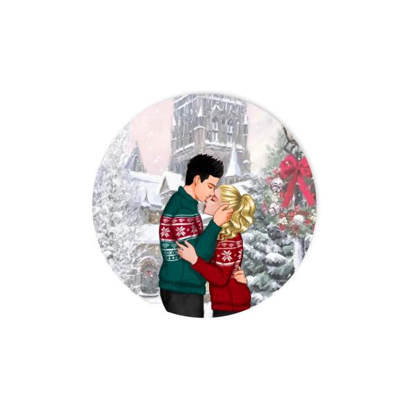 Personalized Kissing Couple Winter Landscape Ceramic Ornament, Christmas Gift