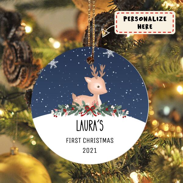 Custom Name Baby's First Christmas 2021 Ceramic Ornament, Nursery Gift Ornament