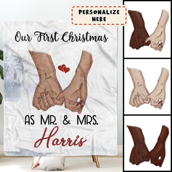 Personalized Couple Holding Hand Our First Christmas As Mr and Mrs Fleece Blanket