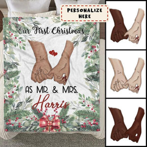 Personalized Couple Holding Hand Our First Christmas As Mr and Mrs Fleece Blanket, Gift For Him, Gift For Her