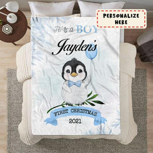 Personalized It's A Boy Baby Name First Christmas Fleece Blanket, Baby Shower Gift 1st Chirstmas
