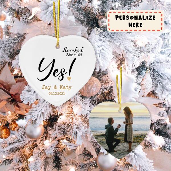 Personalized She Said Yes Engagement Heart Ornament, Ceramic Heart Ornament, Christmas Gift, Gift For Him, Gift For Her