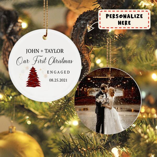 Personalized Couple Our First Christmas Engaged Ceramic Ornament, Gift For Him, Gift For Her