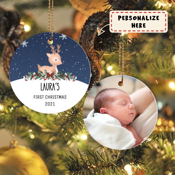 Custom Name Baby's First Christmas 2021 Ceramic Ornament, Nursery Gift Ornament