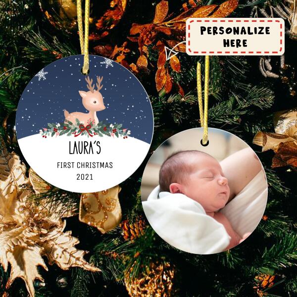 Custom Name Baby's First Christmas 2021 Ceramic Ornament, Nursery Gift Ornament