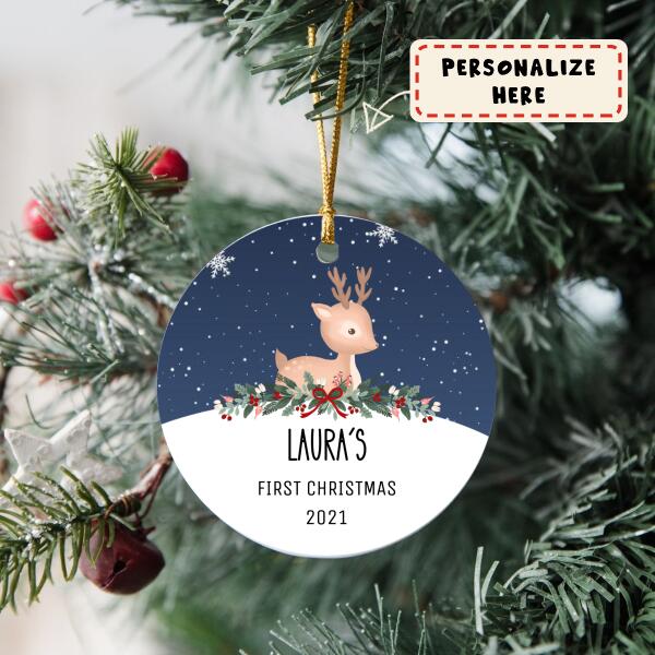 Custom Name Baby's First Christmas 2021 Ceramic Ornament, Nursery Gift Ornament