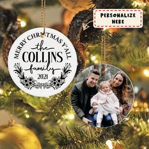 Personalized Family Photo Merry Christmas Y'all Ceramic Ornament, Family Gift