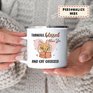 Personalized Girl Cat Obsessed Fall Thanksgiving Premium Campfire Mug, Gift For Cat Lovers