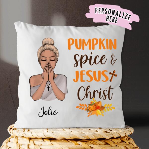 Personalized Pumkin Spice and Jesus Christ Pillow, Thankful, Blessed, Thanksgiving Pillow, Christian Pillow