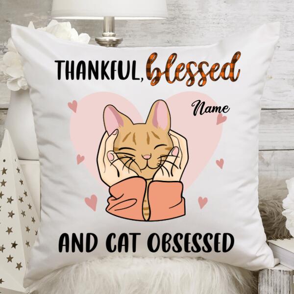 Personalized Cat Obsessed Fall Thanksgiving Premium Pillow, Gift For Cat Lovers